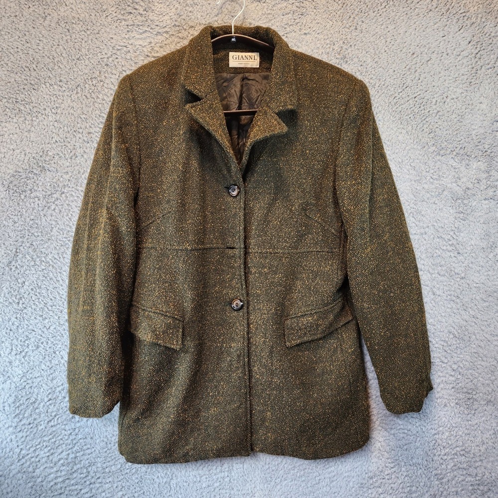 Vintage Gianni Blazer Jacket Womens Size 14 Tweed Earth Tone Made in USA Pockets